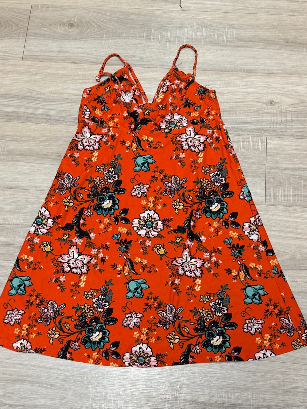 Planet Gold Orange Floral V-Neck Sundress with Teal Accents